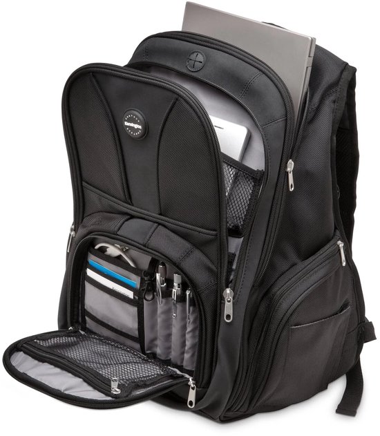 Zwarte Kensington rugzak open met laptop, organiser voor pennen en mesh-vakken voor accessoires.