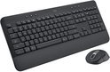 Zwart draadloos toetsenbord met polssteun en bijpassende ergonomische muis, merk Logi.
