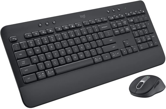 Zwart draadloos toetsenbord met polssteun en bijpassende ergonomische muis, merk Logi.