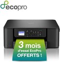Brother-printer met '3 mois d'essai EcoPro OFFERTS!' tekst op een groen gradiënt papier.