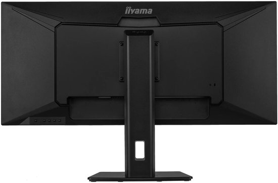Achteraanzicht van de zwarte monitor met de verstelbare voet en iiyama-logo.
