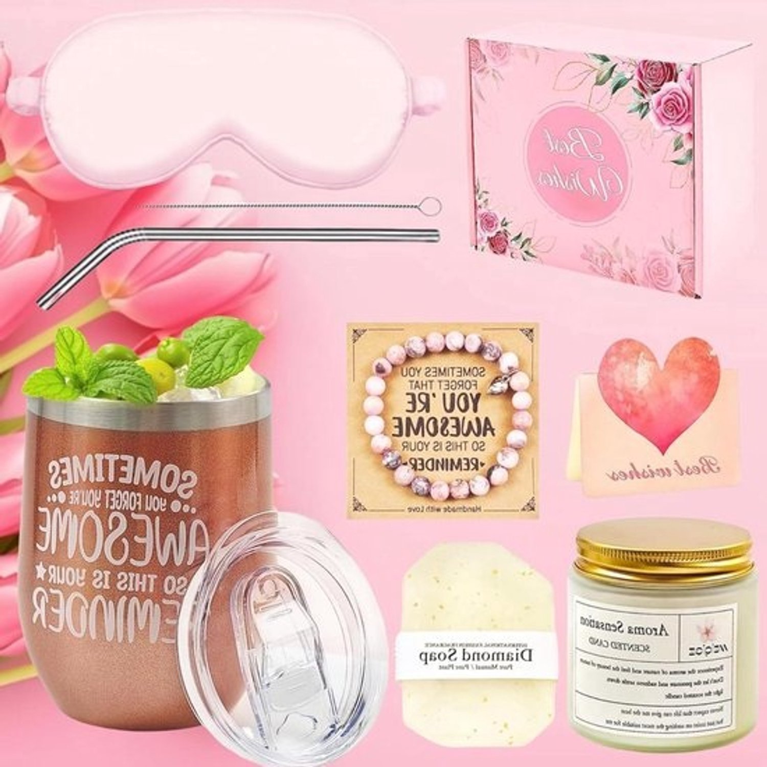 Cadeauset voor vrouwen - Verwenpakket - Voor ontspanning thuis - Geïsoleerde beker - 360 ml - Roze