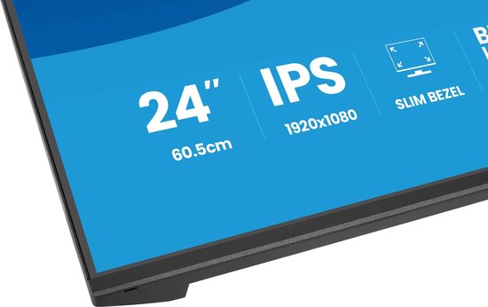 Schuine hoek van een iiyama monitor met 24 inch IPS-scherm, dunne rand en specificaties in het blauw.