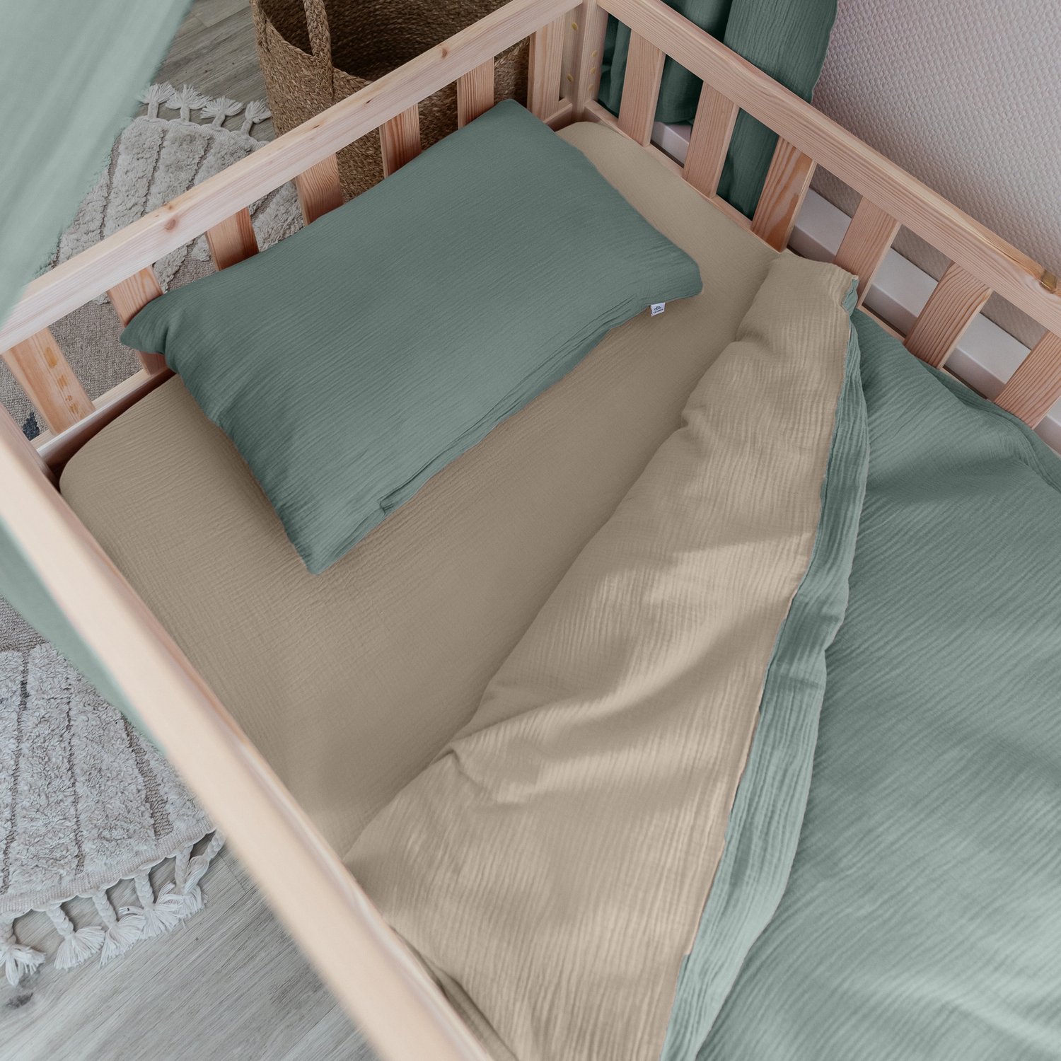 LILIMAUS Kinderdekbedovertrek 100 x 135 cm met kussensloop 40 x 60 cm - mousseline katoen - lichtbeige en groen