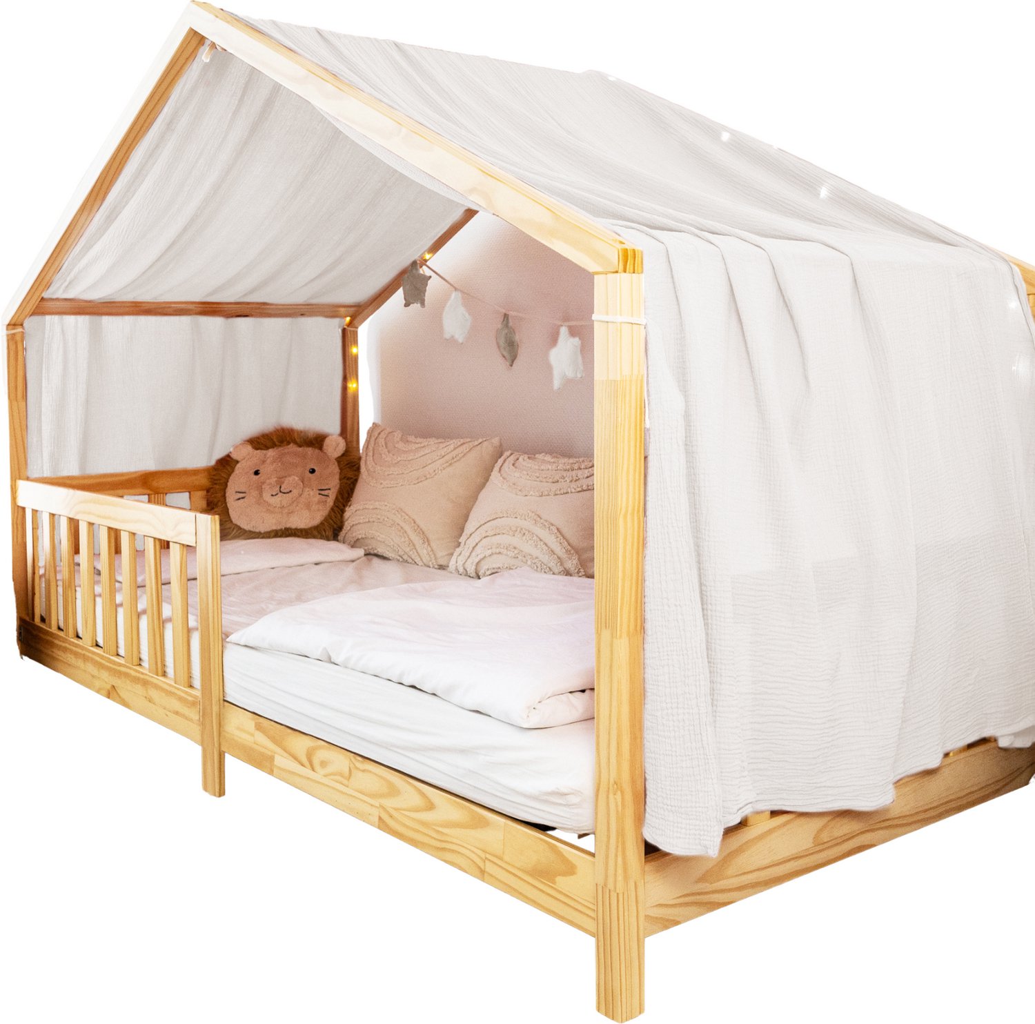 LILIMAUS Huisbed hemeltje uit één stuk met gouden details - bedhemel voor huisbed - 135 x 360 cm - mousseline katoen - wit