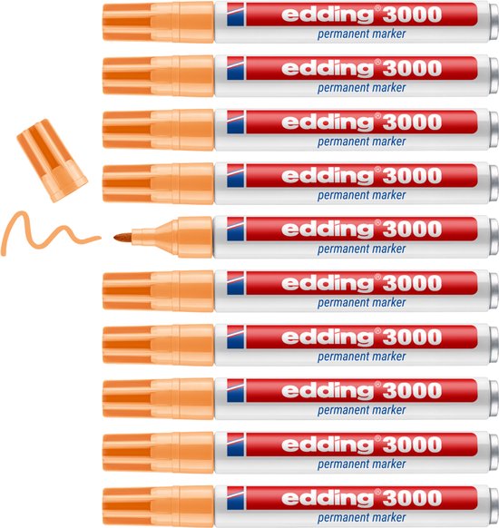 Set van tien oranje Edding 3000 permanent markers met ronde punt en oranje inktlijn.