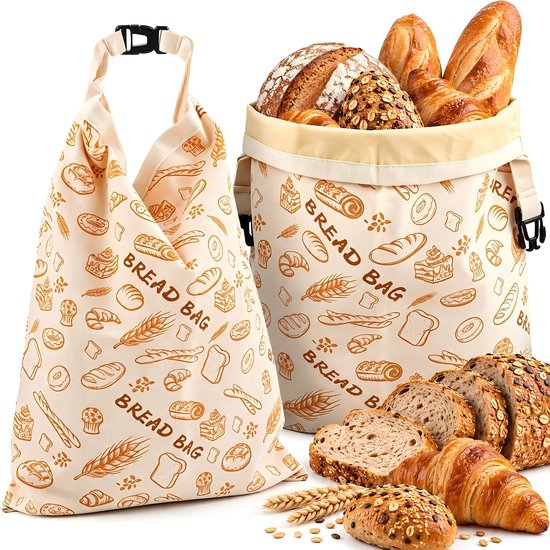 Twee herbruikbare broodzakken met crèmekleurige ondergrond en bruine tekeningen van brood en de tekst 'BREAD BAG'.