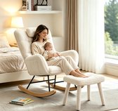 Danky - Ergonomische Schommelstoel Met Hocker - Hoge Rug, Zacht Kussen, Stalen Frame Met Houten Schommelpoten - Beige