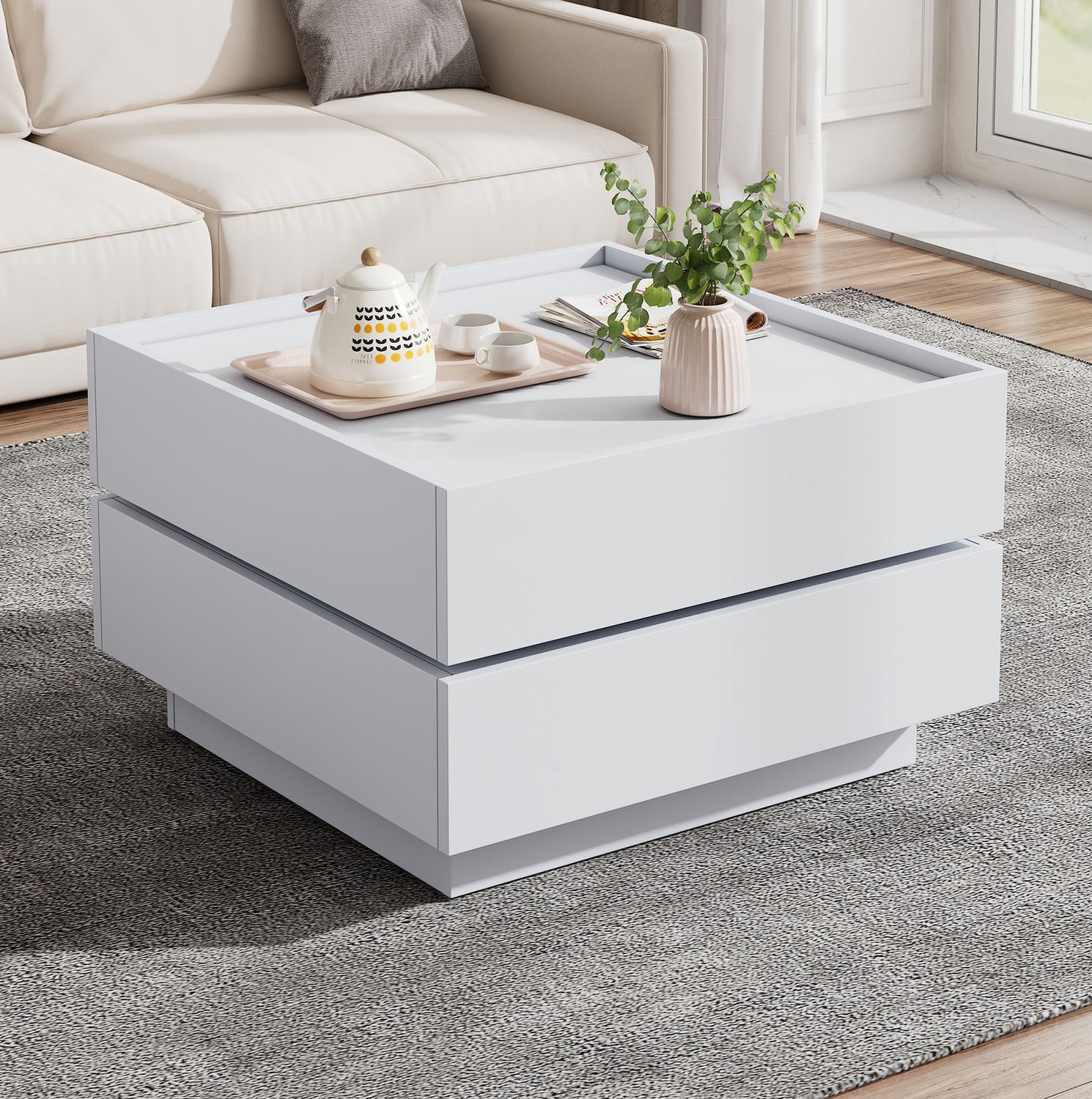 CHICFURN Salontafel - 360° draaibaar - 2 lades - Wit