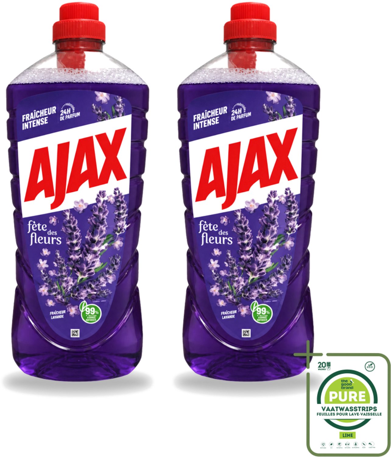 2 x Ajax – Allesreiniger – Lavendel – 1,25 L - Grootverpakking - Vaatwasstrips - Allesreiniger Lavendel - Reiniging - Vet Verwijderen - Frisse Geur - Rustgevende Geur
