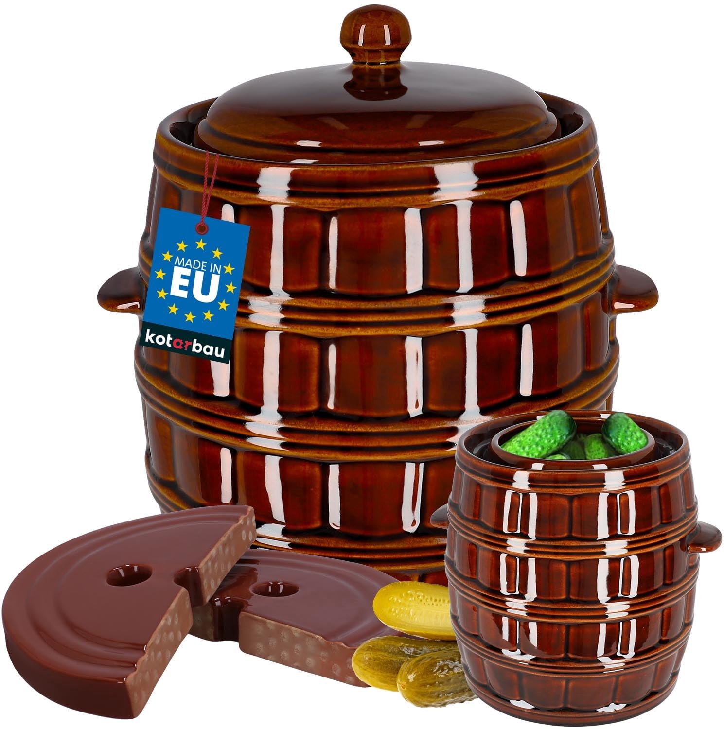 KOTARBAU® Fermentatiepot 12L - Zuurkoolpot met Deksel & Fermentatiegewichten Keramische Fermentatiepot - Steengoed - Bruin