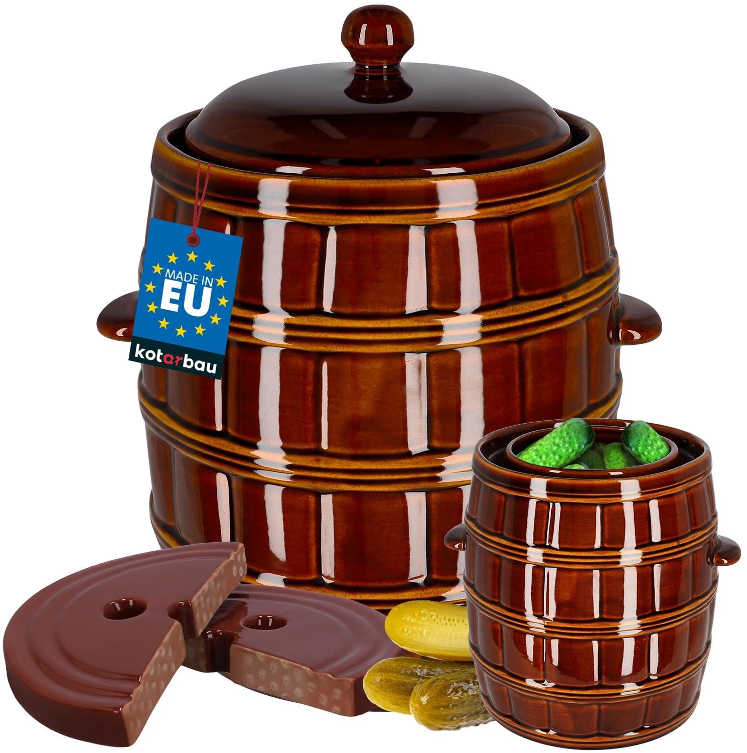 KOTARBAU® Fermentatiepot 16L - Zuurkoolpot met Deksel & Fermentatiegewichten Keramische Fermentatiepot - Steengoed - Bruin