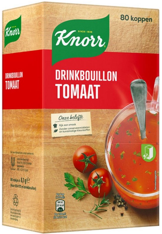 Knorr drinkbouillon tomaat, doos voor 80 koppen met afbeelding van tomatensoep en verse tomaten.