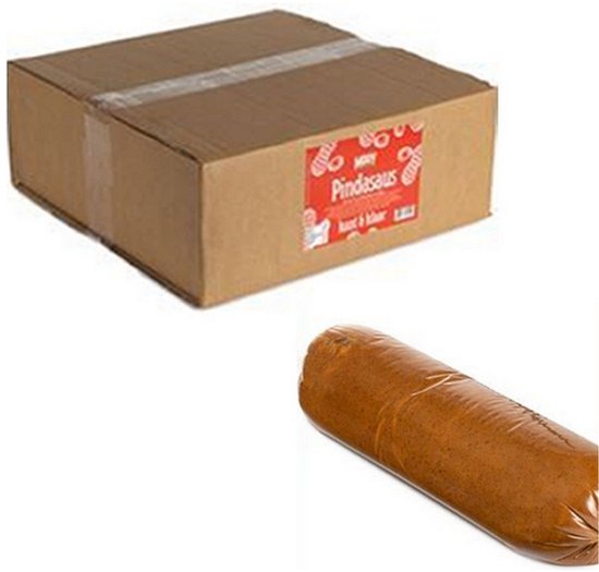 Bruine kartonnen doos met Mooy pindasaus label en een worstvormige verpakking met pindasaus.