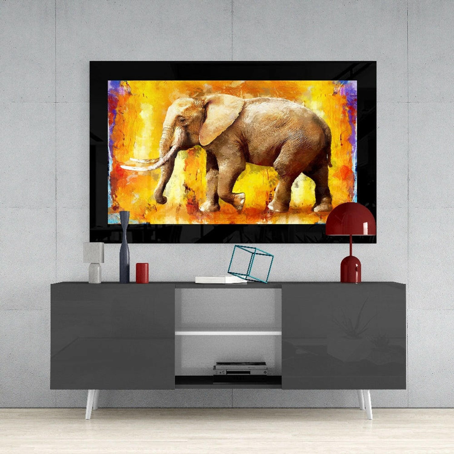Glasschilderij – Oranje Abstracte Olifant in Olieverf – Decoratief Glasschilderij