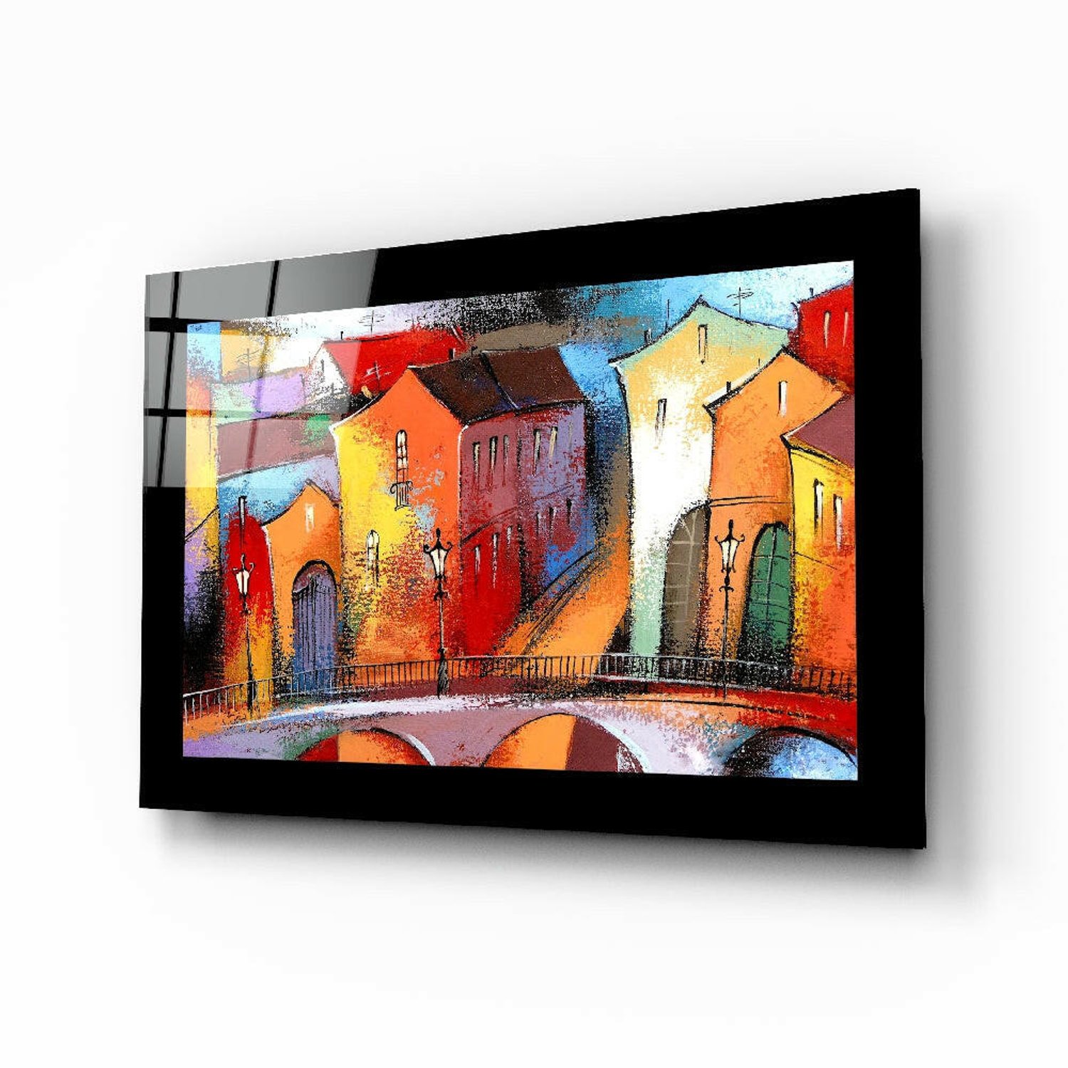 Insigne Art Glasschilderij – Levendige Oude Stadsbrug met Huizen – Bijzondere Wanddecoratie Meerkleurig