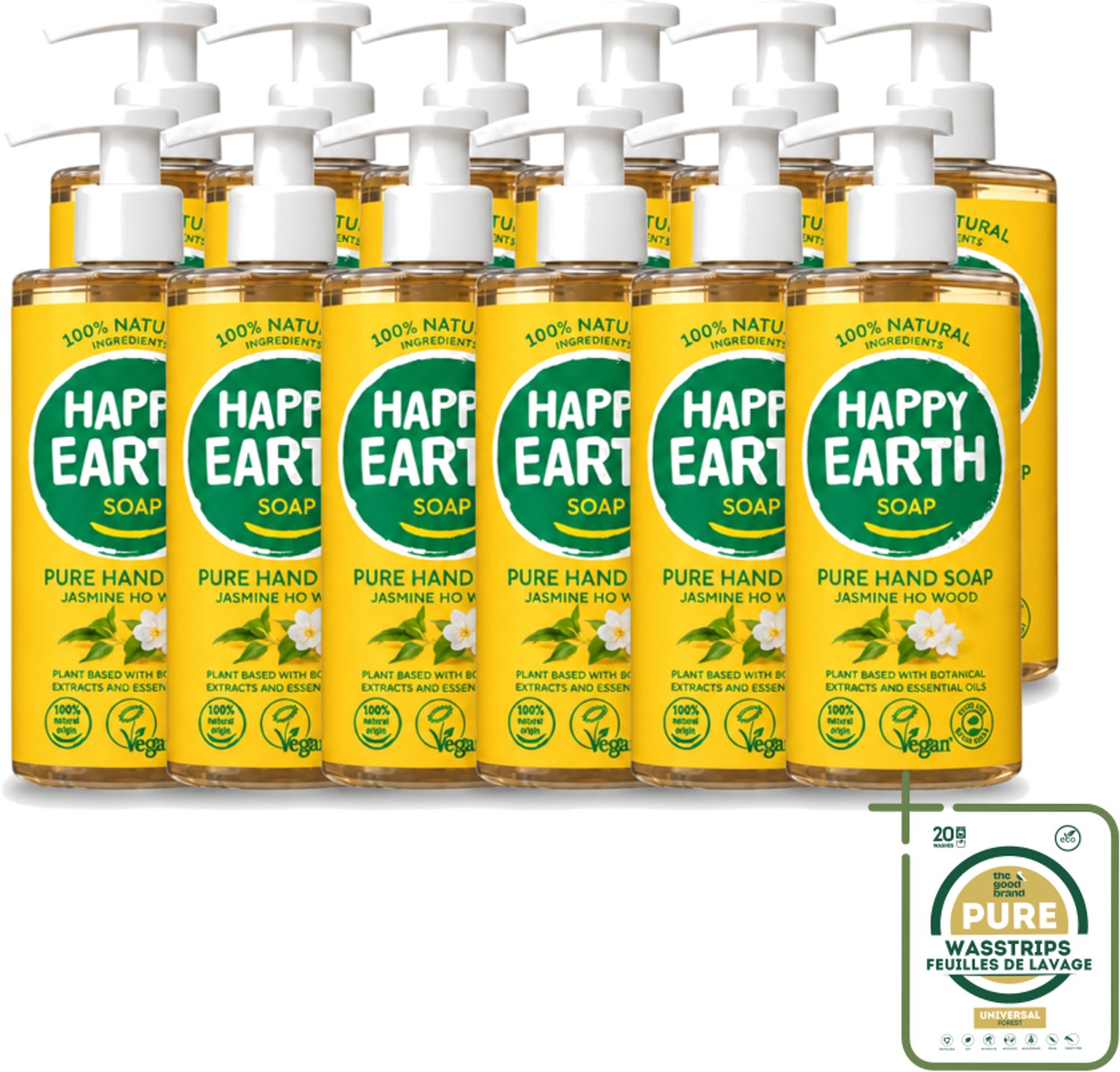 12 x Happy Earth – Handzeep – 100% Natuurlijk Jasmine Ho Wood – 300 ml - Wasstrips - Natuurlijke Handzeep - Vegan Handzeep - Jasmijn Handzeep - Ho Wood Handzeep - Antibacteriële Handzeep