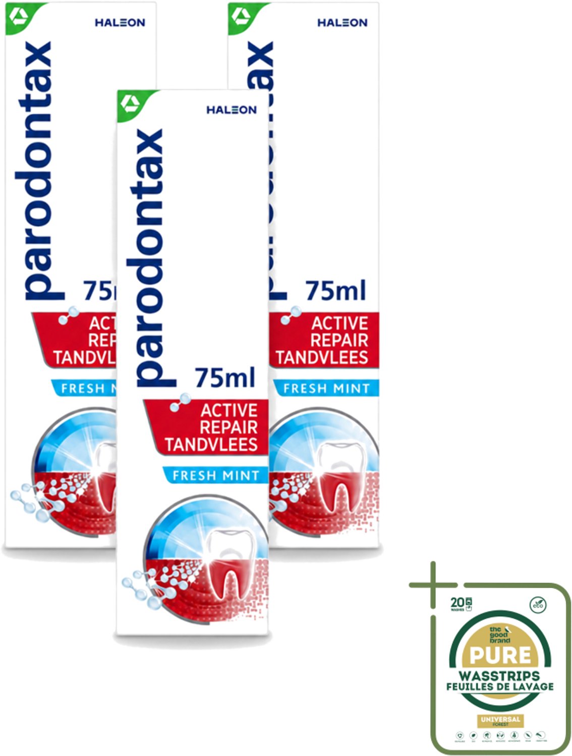 3 x Parodontax – Tandpasta – Active Repair Fresh Mint – 75 ml - Wasstrips - Tandvlees Herstellen - Bloedend Tandvlees - Tandplak Verwijderen - Gezond Tandvlees - Tandpasta