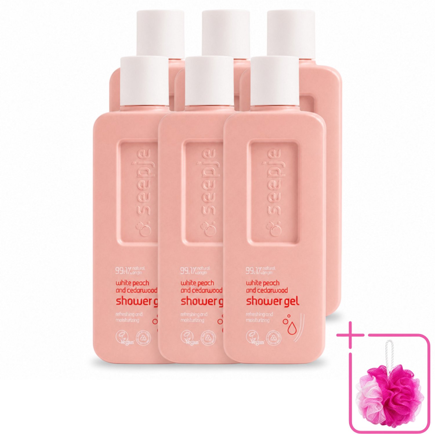 6 x Seepje - Douchegel - Natuurlijke Geur - Witte Perzik en Cederhout - 300 ml - Bulkverpakking - Douchegel - Douchemop - Natuurlijke douchegel