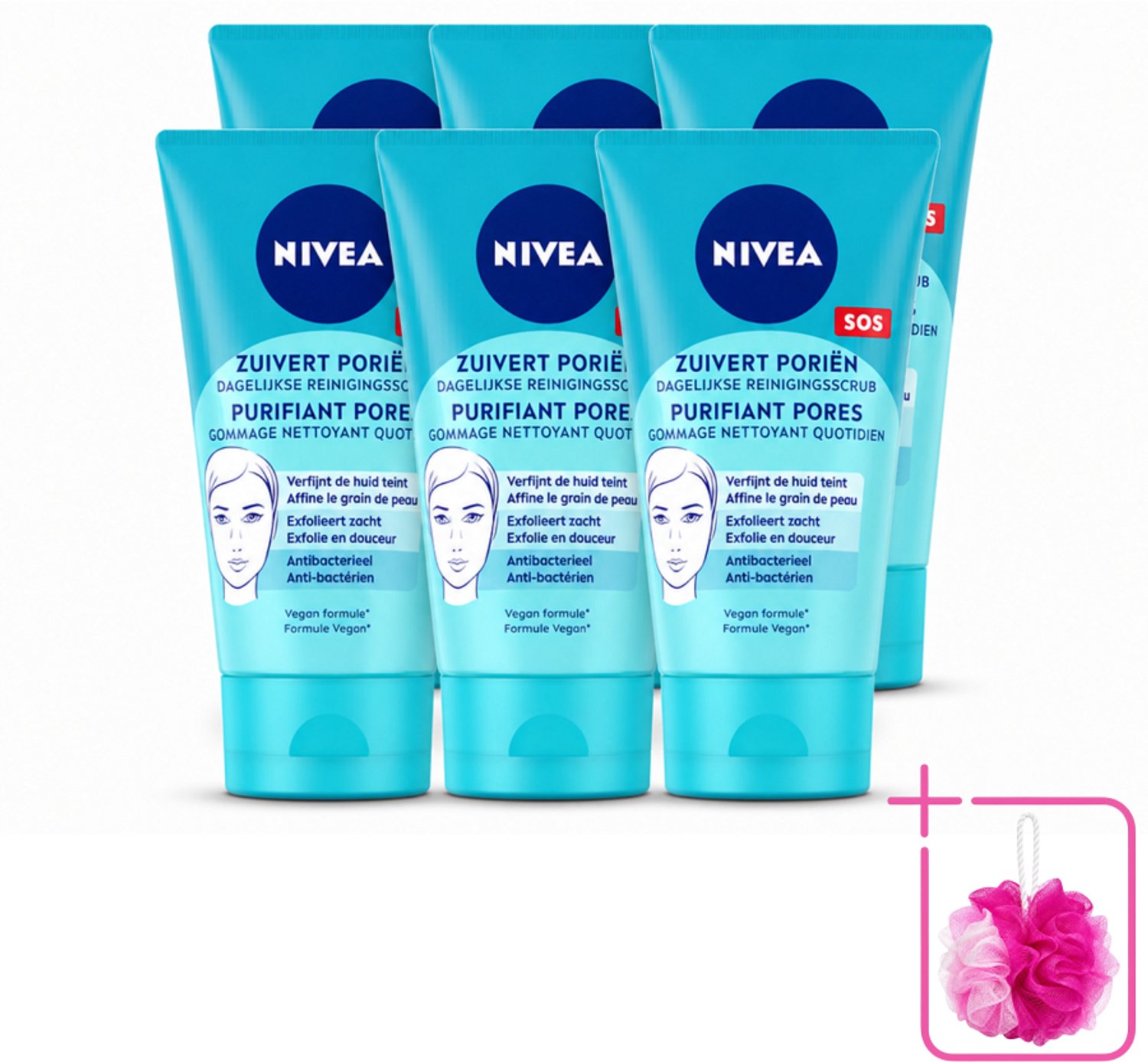 6 x NIVEA - Reinigingsscrub - Essentials Dagelijkse Scrub - Voor onzuivere huid - Met Melkzuur & Magnolia-extract - 150 ml - Bulkverpakking - Gezichtsreiniging - Douchemop - Huidscrub