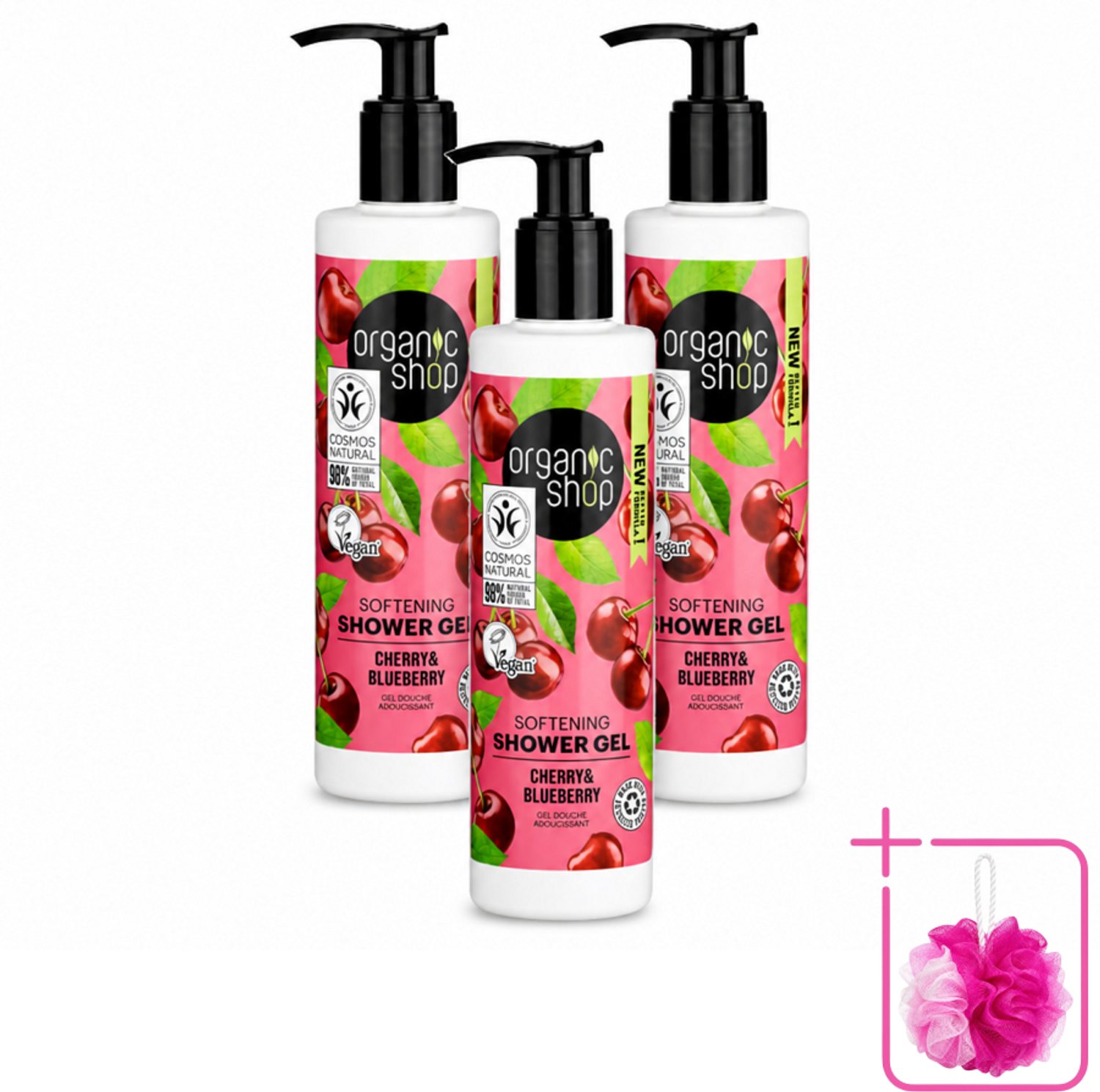 3 x Organic Shop - Douchegel Cherry & Blueberry - Verfrissend en Hydraterend - 280 ml - Bulkverpakking - Douchegel - Douchemop - Natuurlijke douchegel