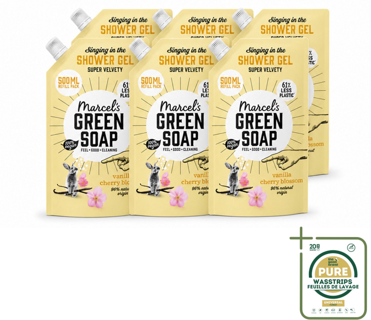 6 x Marcel's Green Soap - Shower Gel - Navulling - Vanille & Kersenbloesem - Krachtige werking - 500 ml - Wasstrips - Douchegel - Natuurlijke Douchegel - Ecologische Douchegel - Vegan Douchegel - Biologisch Afbreekbaar