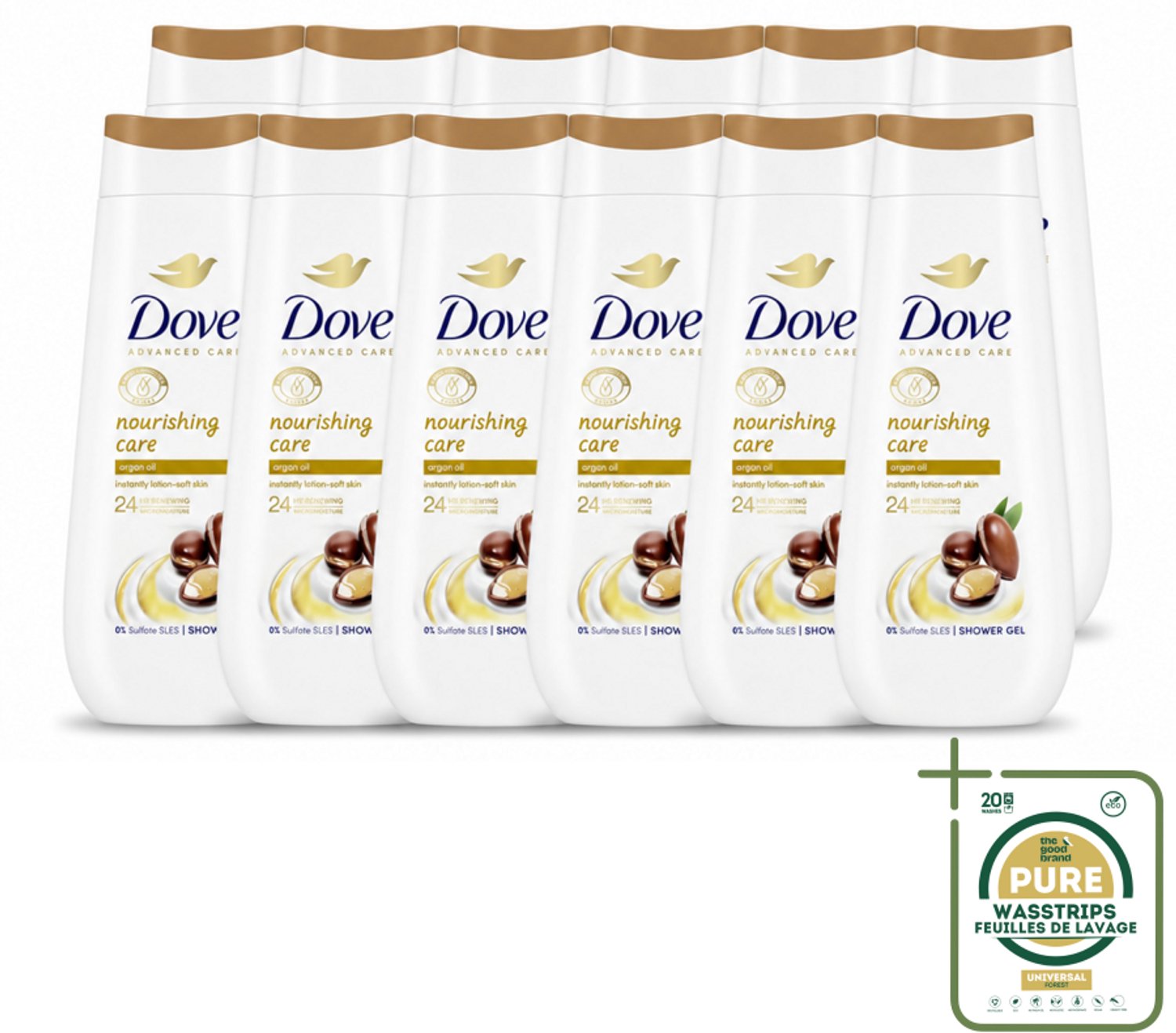 12 x Dove Douchecrème - Nourishing Care - Arganolie - 225 ml - Wasstrips - Douchegel - Arganolie - Hydratatie - Droge Huid - Voedende Huid