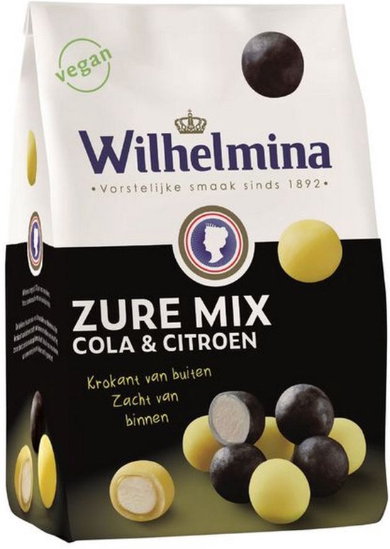 Zak Wilhelmina Zure Mix met cola- en citroensnoepjes, knapperig van buiten en zacht van binnen.