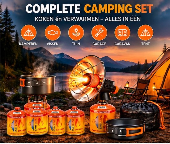 SMH LINE® Complete Camping Set - EHBO tas, Gaskachel, Gasbrander & Pannenset - Incl. 4x 500g Gascartridges - Kookset voor Outdoor & Kamperen — afbeelding 3