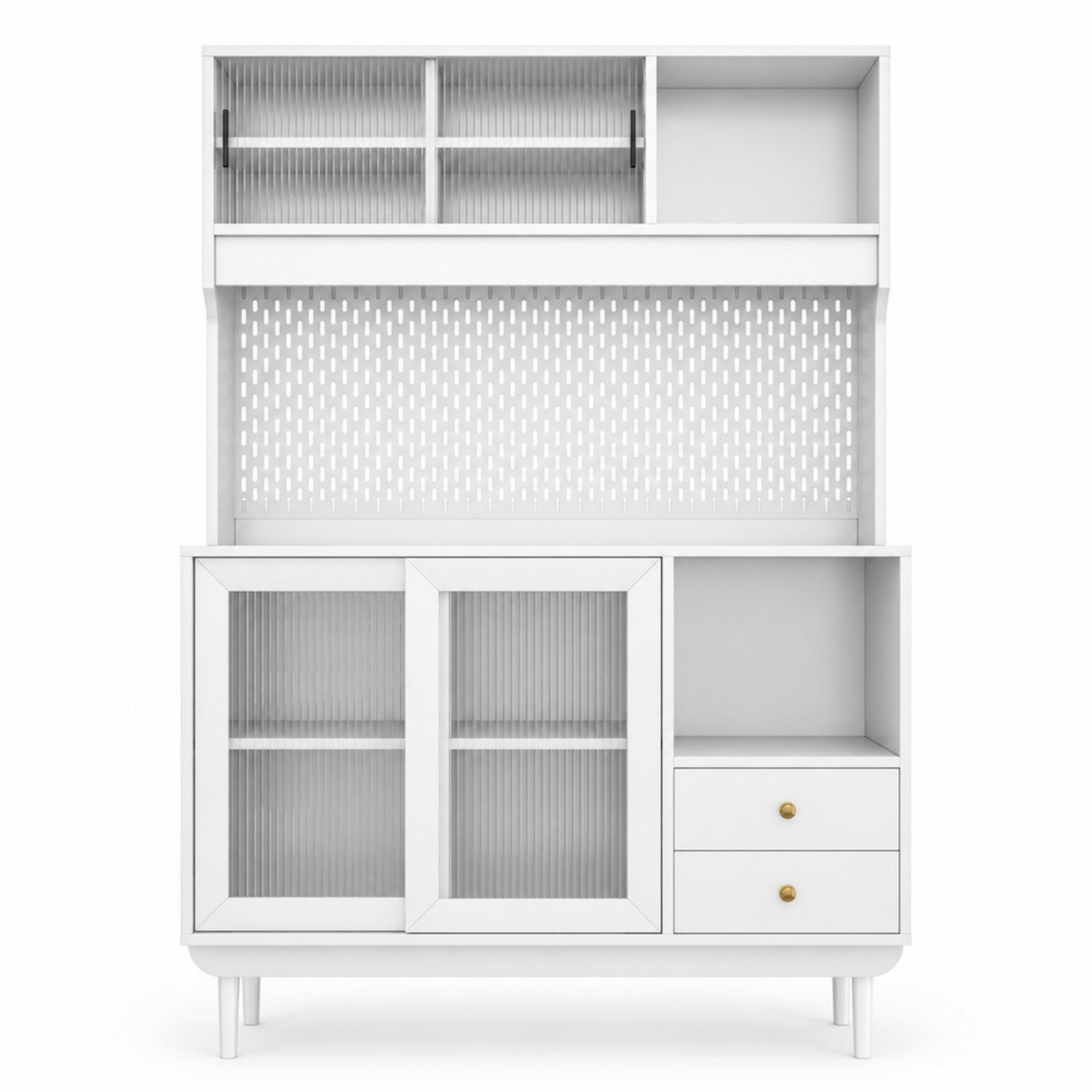 LONG DRAGON – Keukenkast – 4 schuifdeuren met ribbelglas, 2 lades en gaatjespaneel – Wit – 117 × 30 × 170 cm