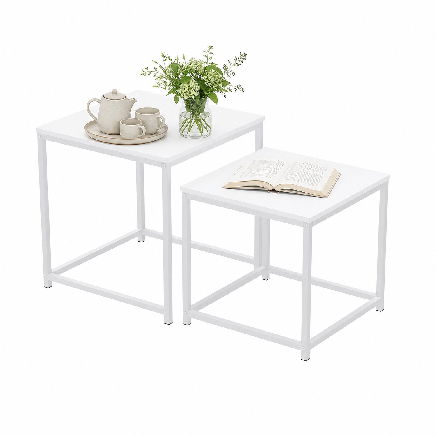 PIPIPOXER Salontafel -set van 2 - vierkant - Salontafel -industrieel - Woonkamer Bijzettafel -40 x 40 x 42 cm - Wit