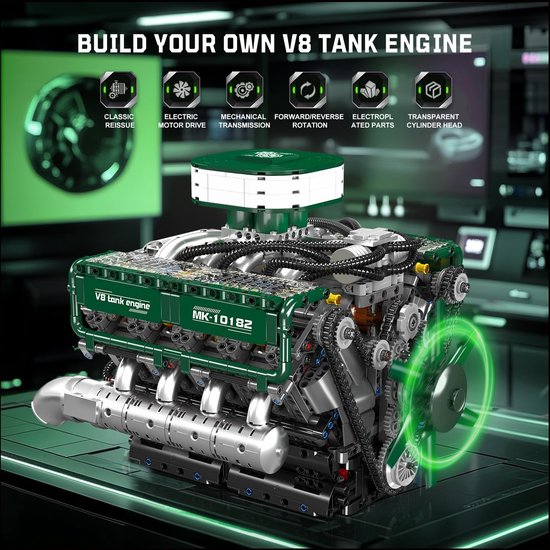 Gedetailleerd groen V8 tankmotor model met verschillende iconen voor klassieke uitstraling, elektromotor, mechanische transmissie, vooruit/achteruit rotatie en transparante cilinderkop.