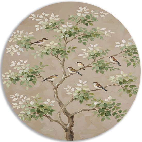 Ronde muurcirkel met een kunstzinnige schildering van kleine vogels in een boom tegen een beige achtergrond.