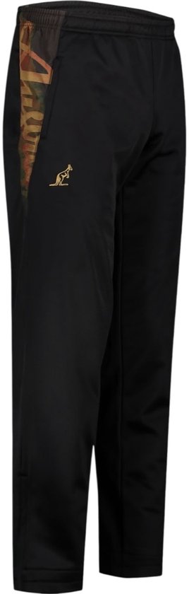 Zwarte Australian trainingsbroek van acetaat, zijwaarts aanzicht met kleurrijke zijstrepen en goudkleurig logo.