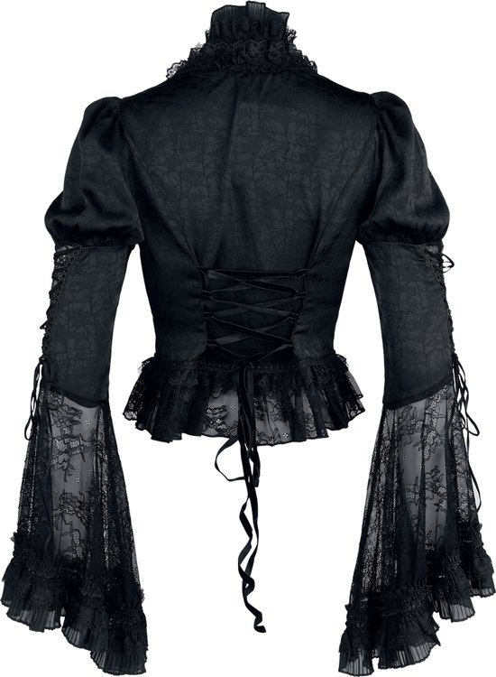 Achterkant van zwarte gothic blouse met kanten klokmouwen, vetersluiting op de rug en een ruche aan de zoom.