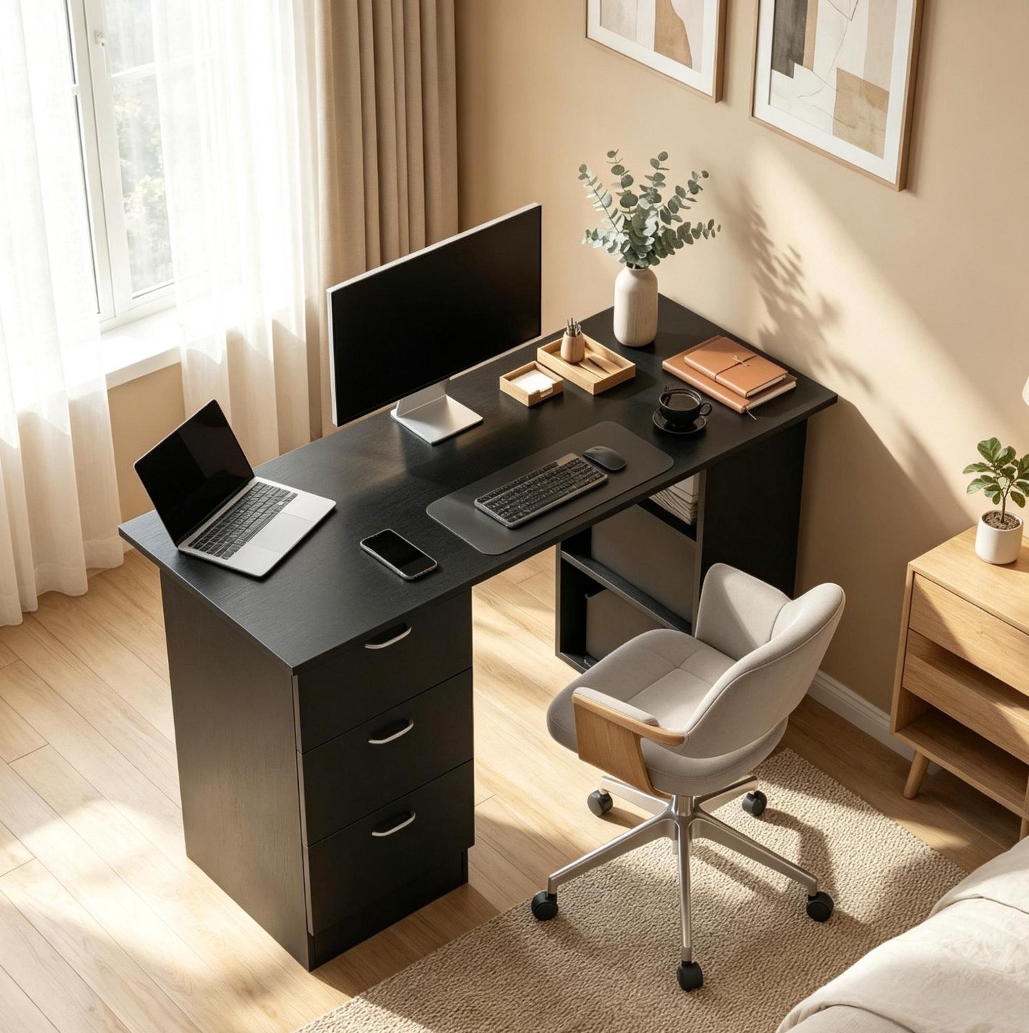 CHICFURN Computerbureau - Opbergruimte - 3 lades en 3 planken - Links of rechts - Zwart