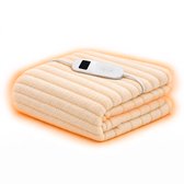 Crèmekleurige elektrische fleece deken met ribbelstructuur, witte afstandsbediening en een gloeiende oranje rand.