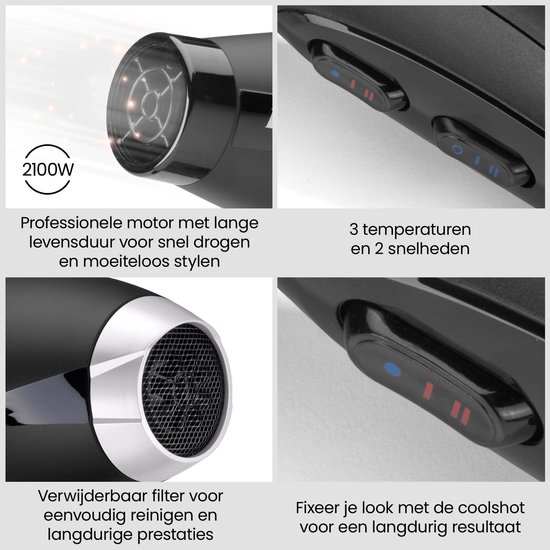 Collage van BaByliss föhnkenmerken: 2100W motor, 3 standen, verwijderbare filter en coolshot-knop.