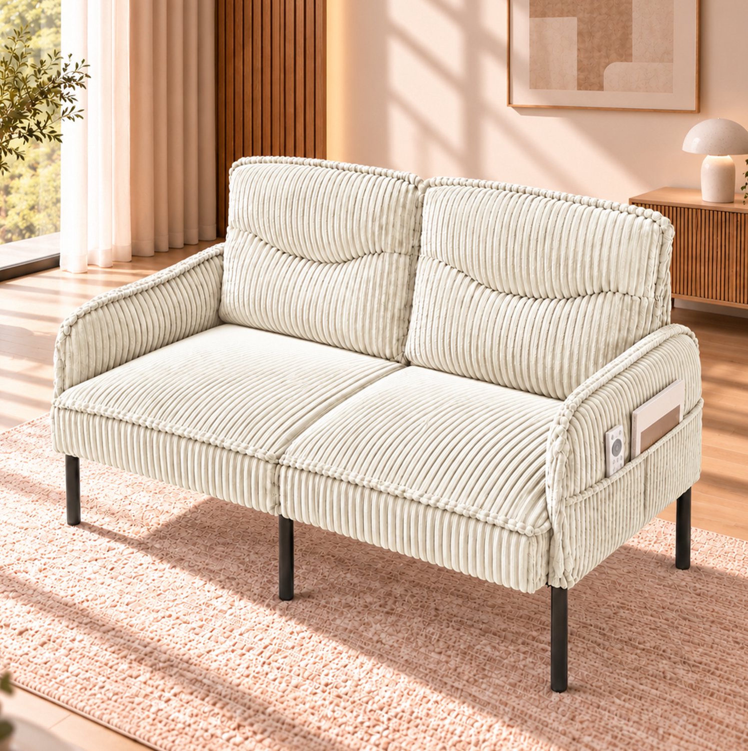 STILVORA Zitbank 122 x 73 x 83 cm - 2-Zitsbank met Hoge Rugleuning en Zijvakken - voor Woonkamer en Slaapkamer - Ribstof - Beige