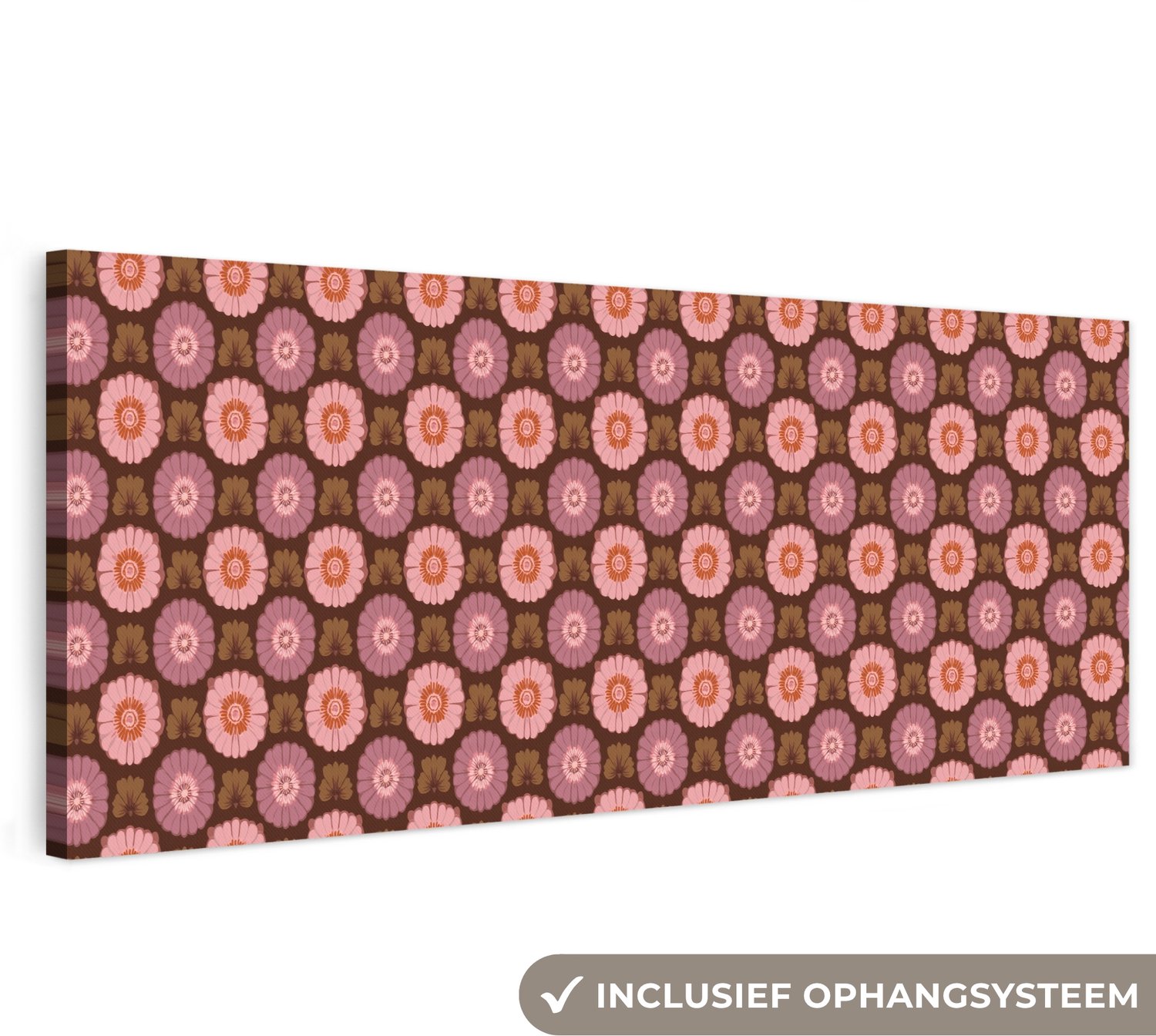 Canvas schilderij 300x100 cm - Exclusieve wanddecoratie Retro - Madelief - Roze - Muurdecoratie woonkamer - Slaapkamer decoratie - Kamer accessoires - Schilderijen op canvas groot XXL