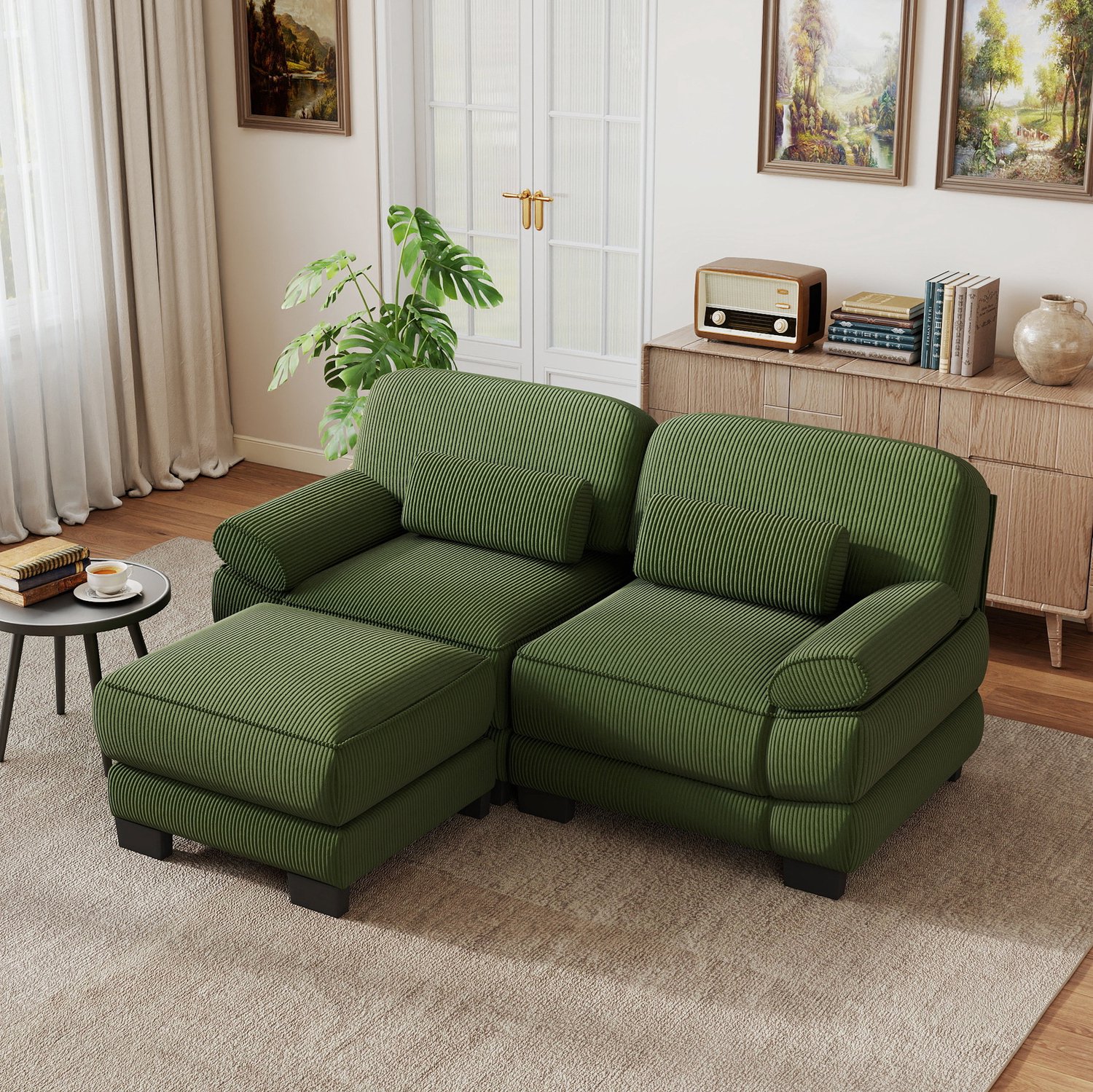 STILVORA Hoekbank 194 x 161 x 94 cm - Modulaire 2-Zitsbank met Hocker en Lendenkussen - Voor Woonkamer en Appartement - Ribfluweel - Groen