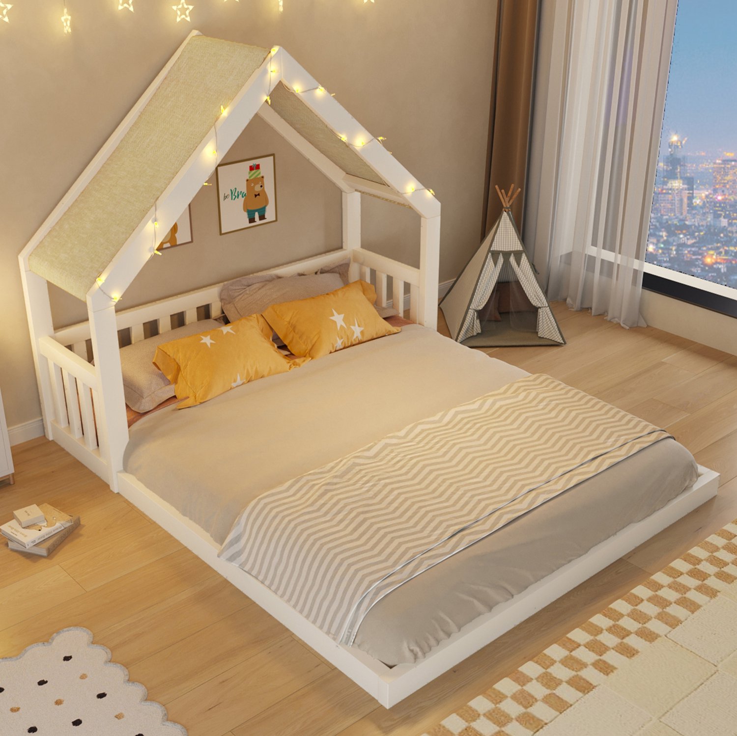 MIVRAY Huisbed 140x200cm - Kinderbed met Stoffen Dak en Lichtsnoer - Voor Kinderkamer en Tienerkamer - MDF en Hout - Wit - Matras Niet Vermeld