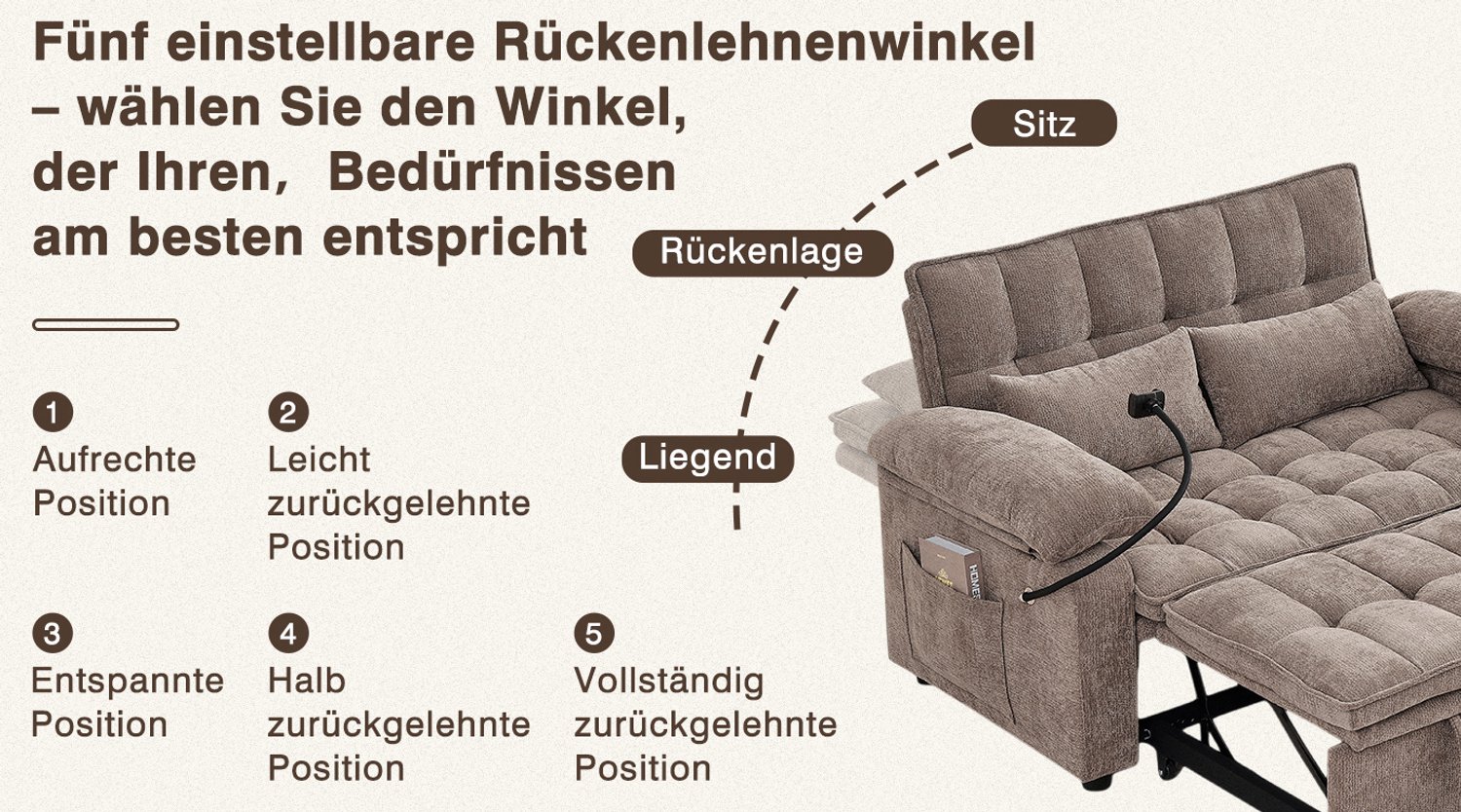 STILVORA Slaapbank 142 cm - Drie-in-een met Verstelbare Rugleuning en Opbergruimte - voor Woonkamer en Logeerkamer - Chenille - Bruin