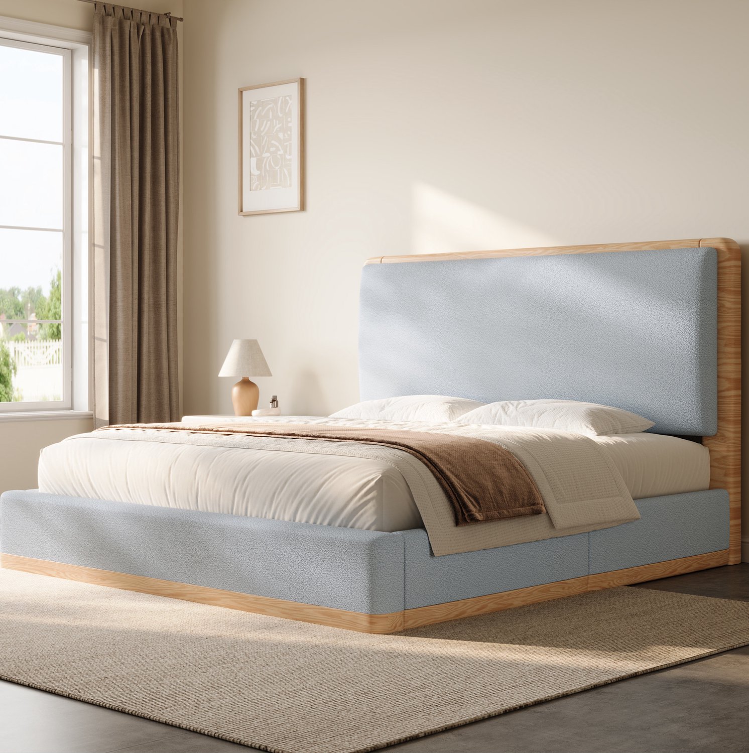 MIVRAY Gestoffeerd Bed 180x200 cm - Bed met Hoofdbord Zonder Matras - Lattenbodem voor de Slaapkamer - Stof en MDF - Grijs en Natuurhoutkleur Grijs, naturel houtkleur