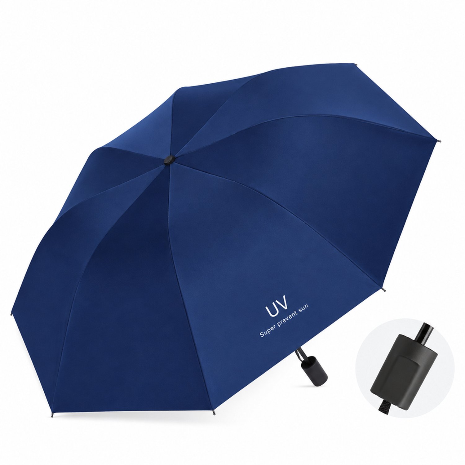 Donkerblauwe handmatige drievouwparaplu met 8 baleinen, UV-bescherming en zwarte coating, circa 97 cm (±2 cm), inclusief hoes