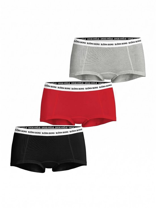 Set van drie Björn Borg damesshorts in grijs, rood en zwart met witte merk-tailleband.