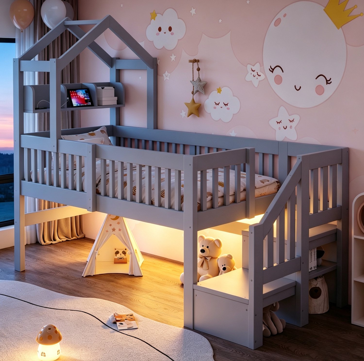 STILVORA Halfhoogslaper 90x200 cm – Kinderbed met Dakframe en Ledverlichting – Opbergladder – Hout en MDF – Zonder matras – Grijs