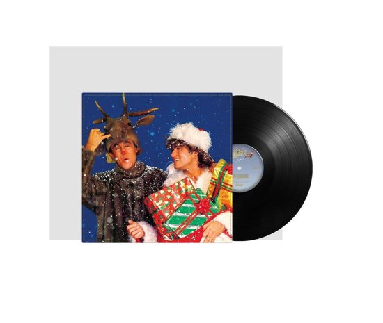 Vinylplaat van Wham! met een kersthoes waarop twee mannen in kostuum en cadeautjes staan.