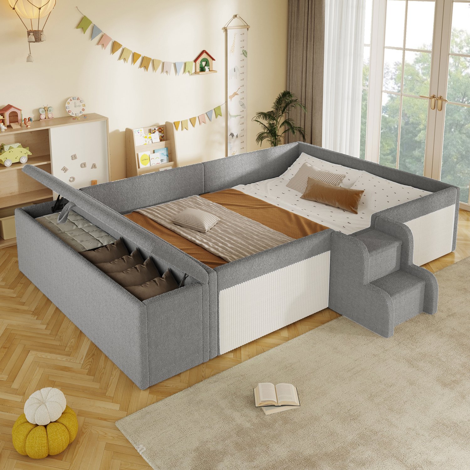 Zubaliya Gepolsterd bed, 140 x 190 cm, klein trapje, bedbank met opbergruimte, zonder matras, bouclé, grijs
