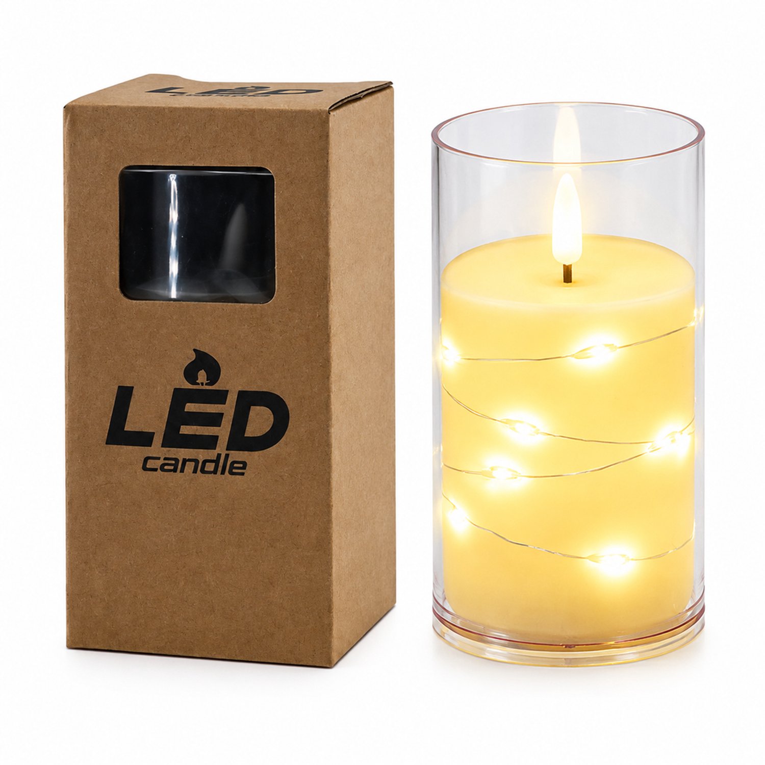SWGOTA Decoratieve led kaarsen - 1 stuk, 7,5 x 12,5 cm, warm licht met lichtsnoer in transparante beker, in doos, batterijen niet inbegrepen Ivoor